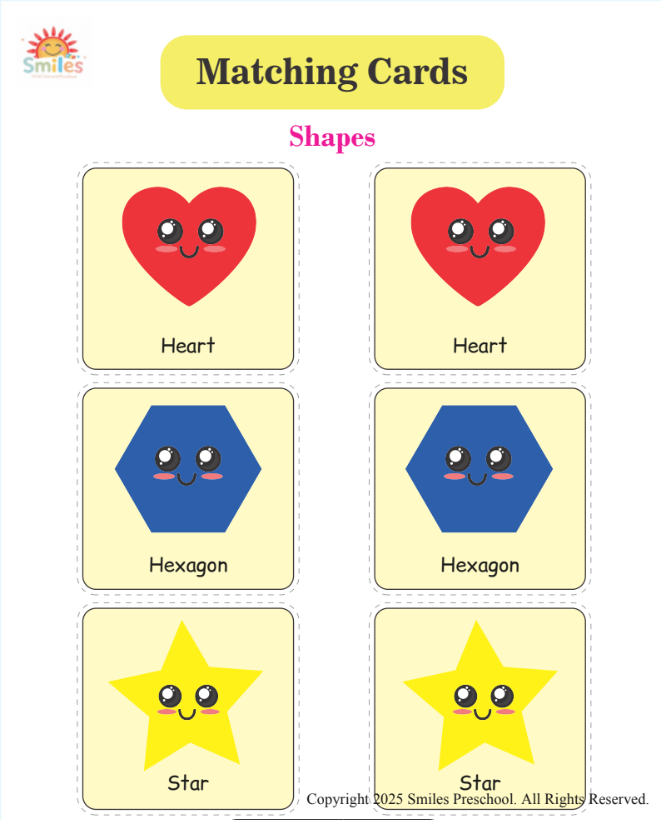 Smiles Matching Cards | Printable Preschool Learning Game | Alphabet, Numbers, Colors & Shapes Matching Activity